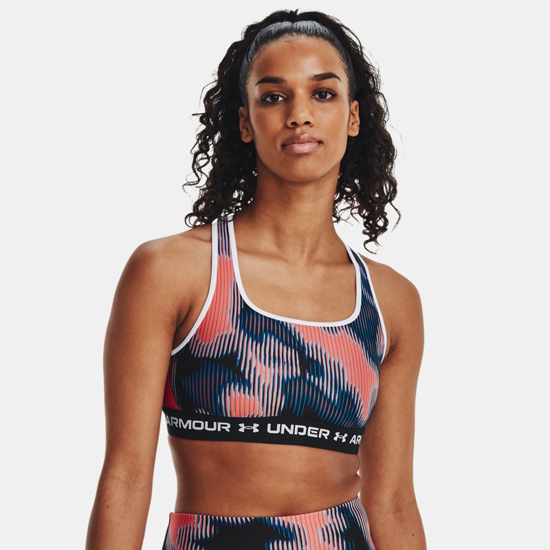 Under Armour Women's Armour® Mid Crossback Printed Sports Bra Bubble Peach / Coral Dust / White L